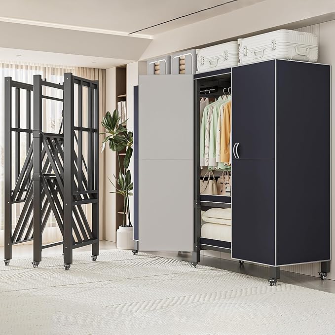 Heavy Duty Covered Clothes Rack with Magnetic Door Foldable Portable Wardrobe Closet for Hanging Clothing Rolling Black Metal Garment Rack on Wheels Closet System (Navy Blue, 74.7in)