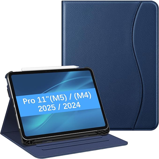 Fintie Folio Case for iPad Pro 11-inch (M5) 2025 / (M4) 2024 - Multiple Angles Viewing Stand Protective Cover with Pencil Holder & Pocket, Auto Wake/Sleep, Navy