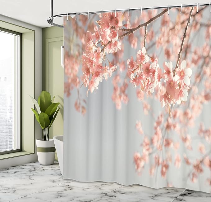 Ambesonne Peach Shower Curtain, Japanese Scenery Sakura Tree Cherry Blossom Nature Photography Coming of Spring, Cloth Fabric Bathroom Decor Set with Hooks, 69" W x 70" L, Bluegrey Coral