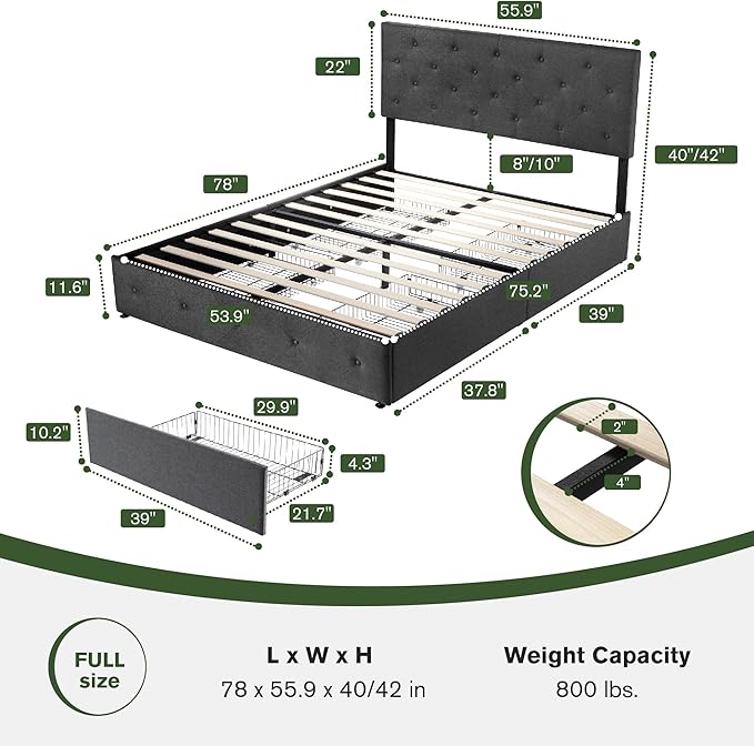 MUTICOR Full Size Bed Frame with 4 Storage Drawers, Upholstered Platform Bed with Button Tufted Adjustable Headboard, No Box Spring Needed, Easy Assembly, Diamond Tufted, Dark Grey Fabric