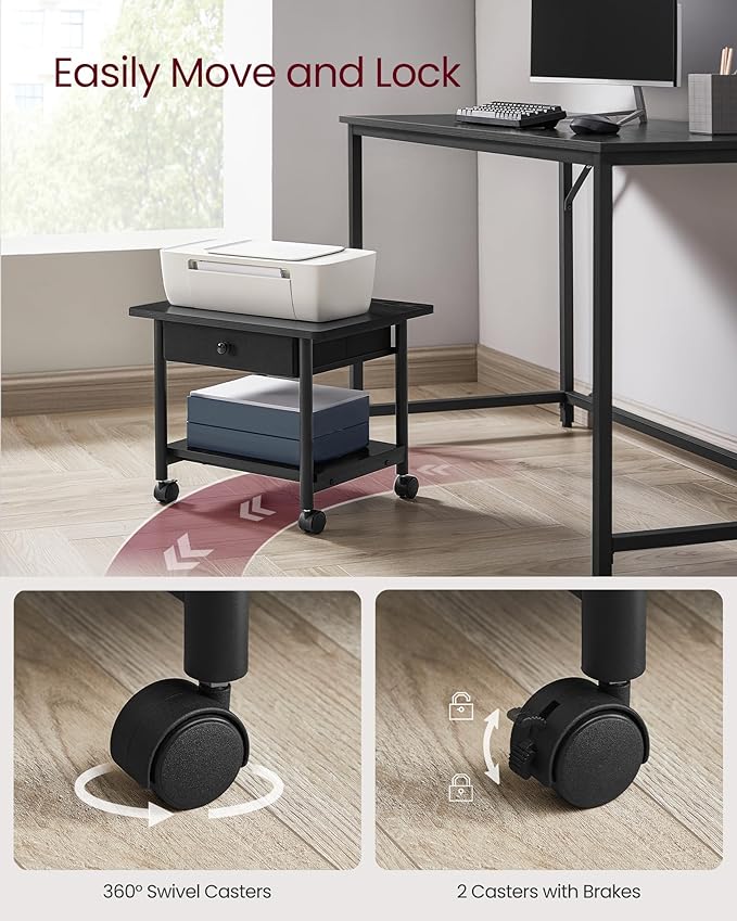 VASAGLE Heavy-Duty Printer Stand with Locking Wheels, 2-Tier with Drawer Industrial Mobile Cart with Storage Shelf, Printer Table for Home, Office, 15.6" Height, Ebony Black UOPS004B56