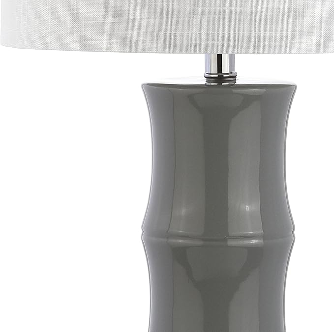 JONATHAN Y 26.5" Gray Ceramic Table Lamp for Living Room, Bedroom Nightstand, White Linen Drum Shade, Bamboo Design Modern Bedside Desk Lamp with LED Bulb Included (JYL3015B)