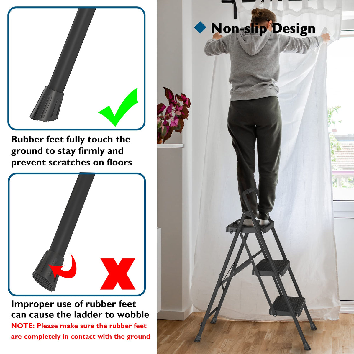 BONTEC 3-Step Ladder, Folding Step Stool, 600lbs Max Load Capacity, Sturdy Steel, Non-Slip Pedals, Lightweight, Portable Steel Ladder with Convenient Handrail, Safety Design for Home & Work, Black