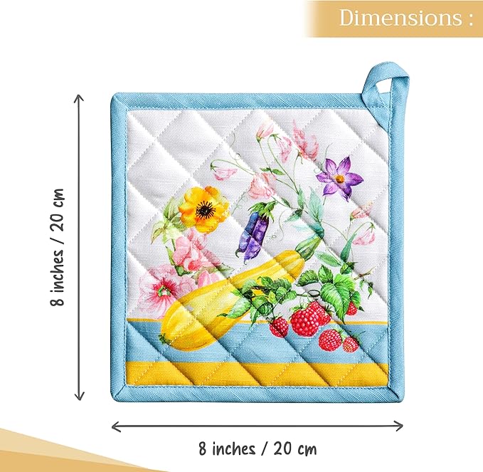 Maison d' Hermine Pot Holders 100% Cotton Heat Resistant Potholders 8" x 8" Hot Pads with Loop BBQ, Cooking, Baking, Grilling, Kitchen, Handling Hot Pans Spring/Summer (Pack of 1, Giverny)