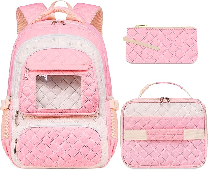 Pink Backpack with Lunch Box for Girls Teenagers Kids for Age 6-8 8-10 10-12 School Bag for Middle High School Primary Aesthetic Bookbag Lightweight Mochila Para Niñas