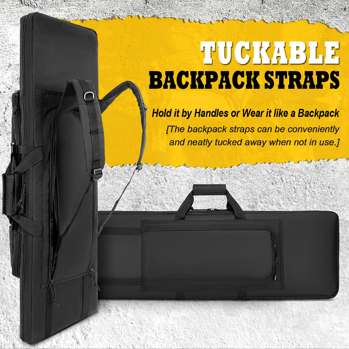 DULCE DOM Double Rifle Case, Soft Tactical Backpack for Hunting Shooting Range, Dual Storage Gun Bag for 2 Rifles & Pistols with Lockable Zippers & MOLLE System(Black, 42", Stowaway Backpack Straps)