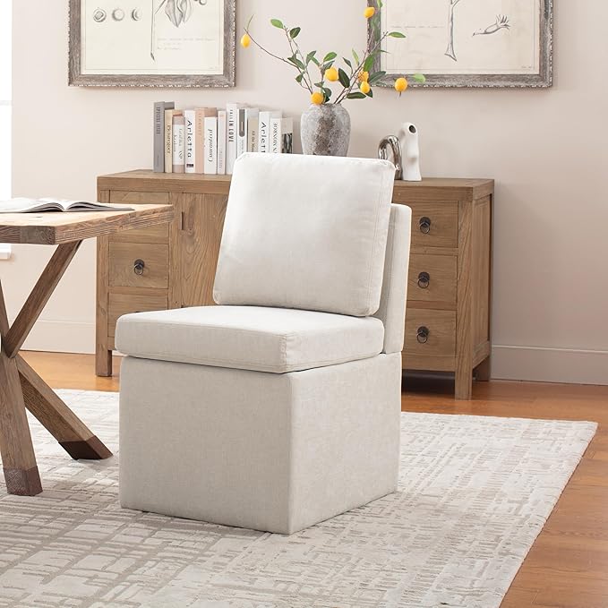VKNOW Upholstered Dining Chairs, Modern Kitchen Chairs with Storage, Linen Armchair Dining Room Chairs for Kitchen Room (Beige, Set of 2)