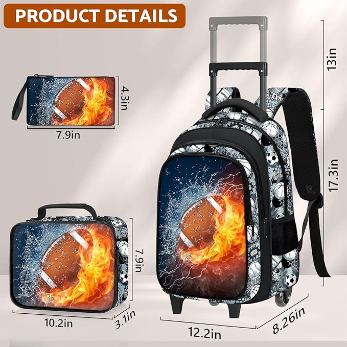 American Football Rolling Backpack for Boys - 3PCS Boys Rolling Backpack with Lunch Box Set for Kids Children Teens Elementary Middle School,Sport Roller Bookbag with Wheels for Age 6-18