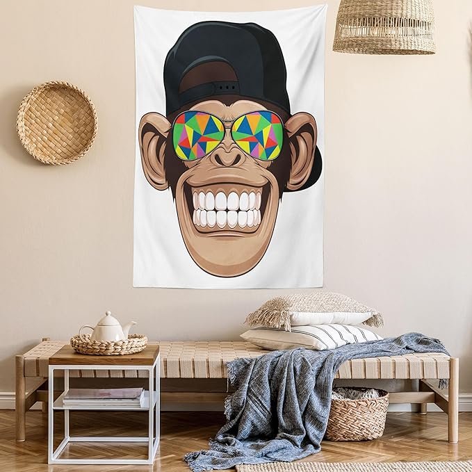 Ambesonne Cartoon Tapestry, Fun Hipster Monkey with Colorful Sunglasses and Hat Rapper Hippie Ape Art, Fabric Wall Hanging Decor for Bedroom Living Room Dorm, 23" X 28", White Brown