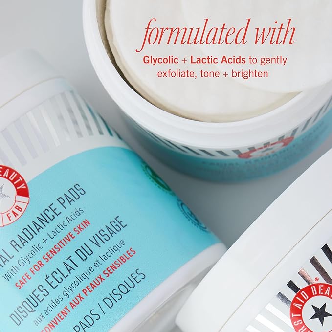 First Aid Beauty - Facial Radiance Pads with Glycolic & Lactic Acids, Daily Exfoliating Pads with AHA, Visibly Smaller Pores, Help Tone & Brighten Skin, One-Step Makeup Prep, Compostable, 60, 2ct