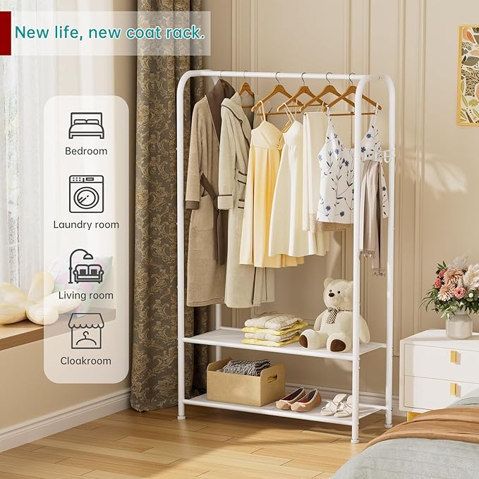 SINGAYE Clothing Racks Portable for Hanging Clothes Garment Rack Heavy Duty Clothes Rack Storage Coat Hanger Stand Portable Closet to Hang with Shelves Wardrobe Standing Organizer Drying White