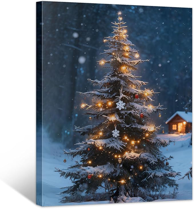 Framed Christmas Pictures Wall Decor,Vintage Pine Tree Prints,Winter Christmas Canvas Wall Art Decoration for Bedroom Bathroom Living Room Rustic Xmas Holiday Gifts (Christmas Tree 19, 24'' X 36'')