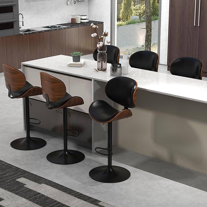 civama Bar Stools Set of 4 for Kitchen Counter, Adjustable Bar Height Chairs, Modern Swivel Barstools with Bentwood Seat and Back with Footrest for Kitchen Island, Dining Room, Black PU Leather