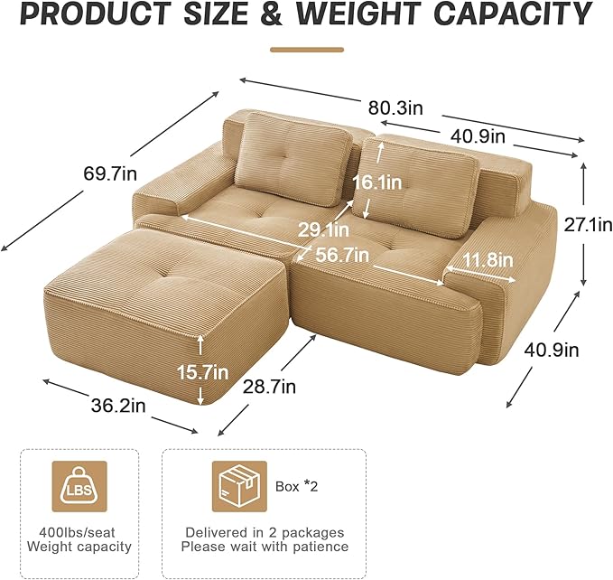 80" Modern Corduroy Boneless Love Seat Couches with 1 Ottoman, 2 Seater Large Sectional Couches for Living Room, Camel Cloud Modular Sectional Sofa, Memory Foam, Extra Deep Loveseat, No Assembly