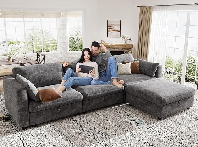 KKL Modular Sectional Oversize Sofa with Adjustable Backrest, 113" L Shaped Couches for Living Room, Down Filled Sectional Sofa Couch with Storage Ottoman Chenille, Grey