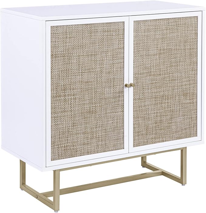 Nathan James Kova Rattan Wood Accent Natural Sideboard Storage Cabinet with Matte Metal Frame, Adjustable Interior Shelves and Cane Doors, for Hallway, Entryway or Living Room, White/Cane/Brass