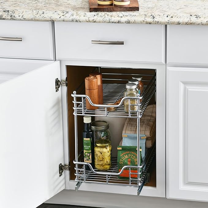 Household Essentials Glidez Multipurpose Chrome-Plated Steel Pull-Out/Slide-Out Storage Organizer for Under Cabinet Use - 2-Tier Design - Fits Standard Size Cabinet or Shelf, Chrome