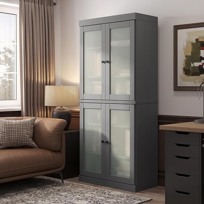 Palace Imports Solid Wood Bookcase - 6-Tier Floor Standing Bookshelf - 71.5" Tall Storage Shelf 32” W - Gray, Frosted Glass Doors for Living Room, Renewable 100% Eco-Friendly Wood, Made in Brazil