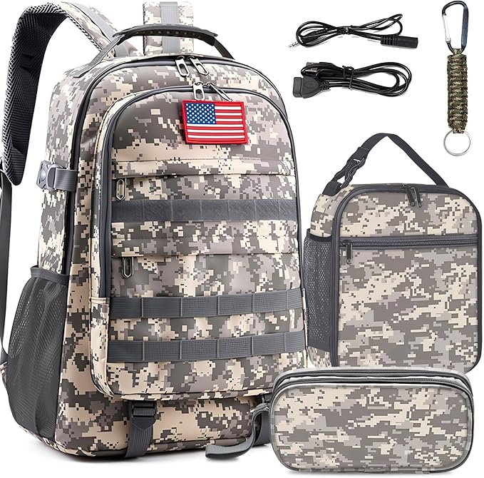 School Backpack for Boys - 4pcs Camo Boys Backpack with Lunch Box Set for Kids Teens Elementary Middle School - 18″ Camouflage Bookbag with Usb Charging Port