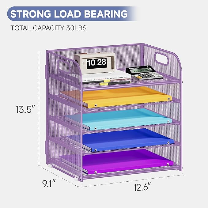 5 Tier Paper Organizer with Handle, Metal Mesh Desk Organizer File Folder Paper Letter Tray Desktop Document Sorter for Classroom, School, Office Accessories Organization and Storage - Purple