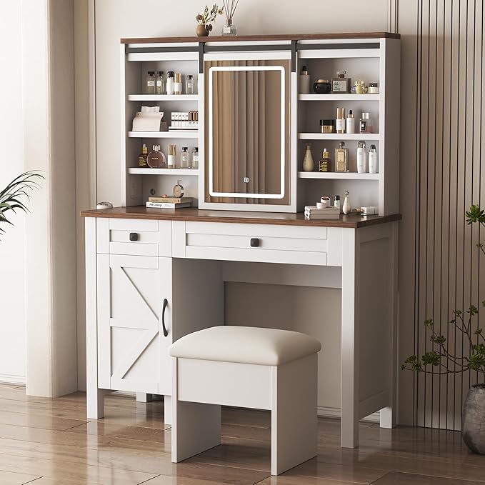 Vanity Desk and Chair Set with Sliding Mirror and Lights, 42" Glass Top White Vanity with Power Outlet, Makeup Vanity Table with 3 Color Modes Adjustable Brightness, Dressing Table for Bedroom