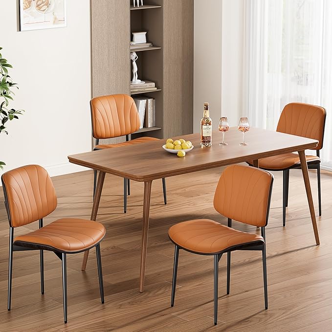 Dining Chairs Set of 8, Mid-Century Modern Upholstered PU Leather Chairs with Walnut Back and Metal Legs Adjustable Feet for Kitchen Dining Room, Orange Shell Strips