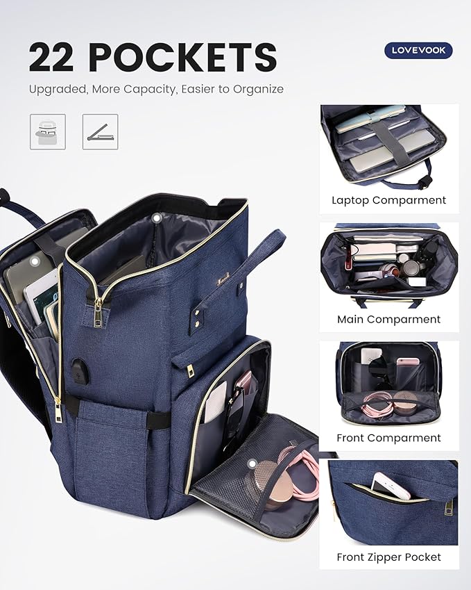 LOVEVOOK 17.3 Inch Laptop Backpack, Large Travel Backpack for Women, Water Resistant Teacher Backpack with Laptop Compartment, Professional Business Work bags with Charger, Navy Blue