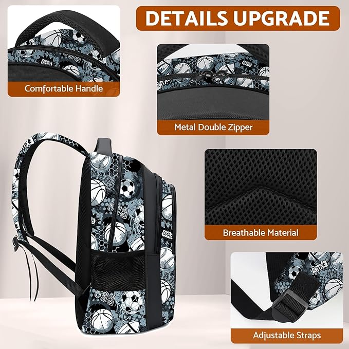 School Backpack for Boys - 4pcs Soccer Boys Backpack with Lunch Box Set for Kids Children Teens Elementary Middle School - 17″ Sport Bookbag Travel Back Pack for Age 6-18