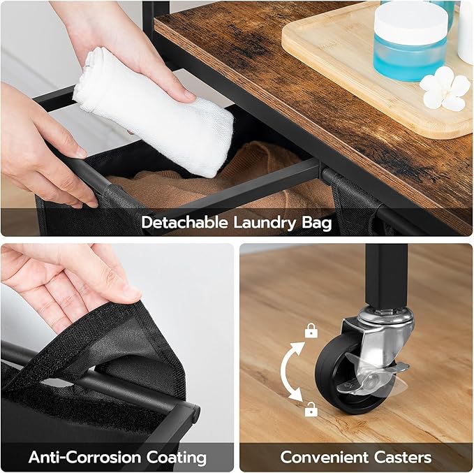 HOOBRO Laundry Sorter 4 Sections, Laundry Hamper with Wheels, 4 × 10.5 Gal (40 L), Rolling Laundry Basket, Pull-Out and Removable Oxford Fabric Bags, Rustic Brown and Black BF04XY01