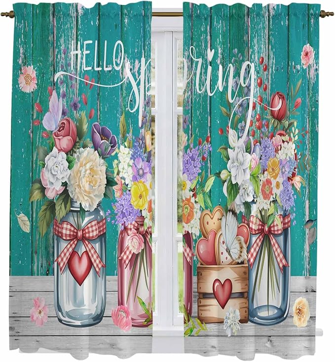 Spring Flowers Kitchen Curtains, Farmhouse Watercolor Teal Wood Grain Light