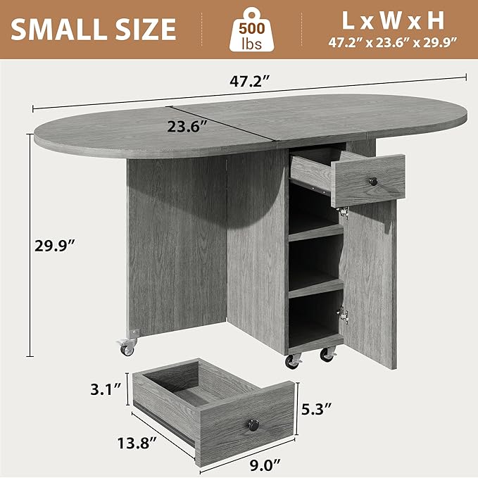 Folding Dining Table for 4 Kitchen Dining Room DinnerTable with Storage Drawer Space Saving Oval Foldable Drop Leaf Gateleg Furniture for Small Space (Grey, 47 * 23.6 * 30)