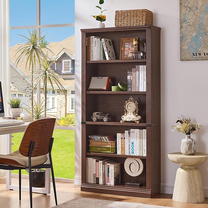 70" Walnut Tall Bookshelf,5-Tier Thick Wooden Book Shelf with Adjustable Shelves,Free Standing Farmhouse Bookcase with Open Display Storage,Floor Vintage Bookshelves for Living Room,Office