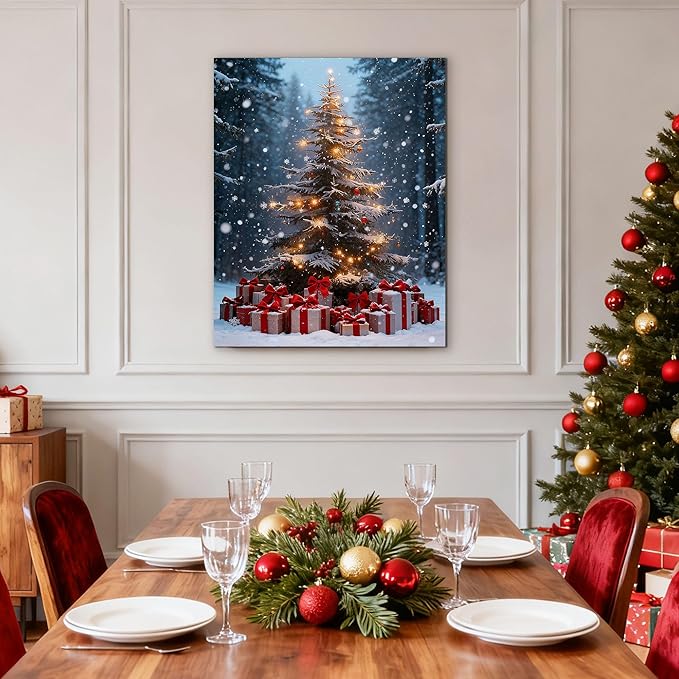 Framed Christmas Pictures Wall Decor,Vintage Pine Tree Prints,Winter Christmas Canvas Wall Art Decoration for Bedroom Bathroom Living Room Rustic Xmas Holiday Gifts (Christmas Tree 14, 16'' X 24'')