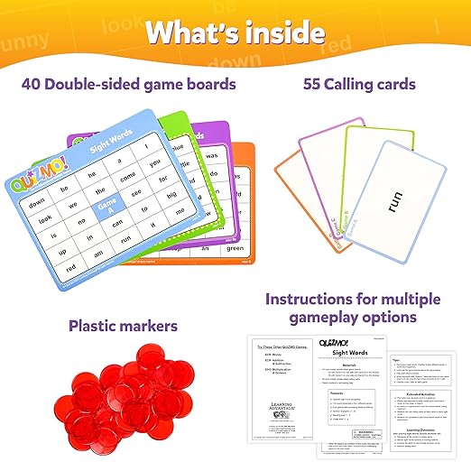 QUIZMO Sight Words - Bingo-Style Vocabulary Game - 4 Levels of Difficulty for Ages 5-9 - Teach Basic Reading and Writing Skills