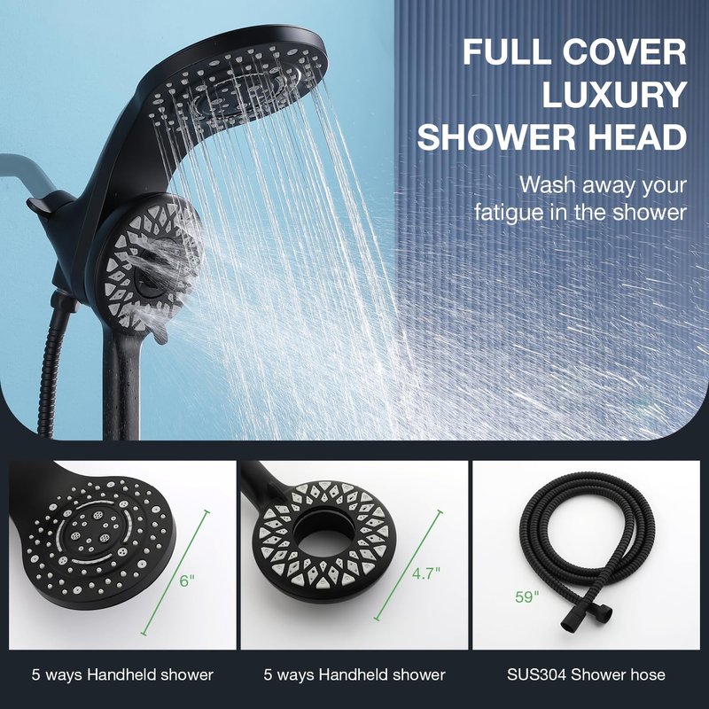 High Pressure Rain Shower Head with Handheld Spray Combo Fixed Showerhead Dual Shower Head Set 10 Sprays Detachable Hand Held Showerheads Built-in Magnetic System Matte Black