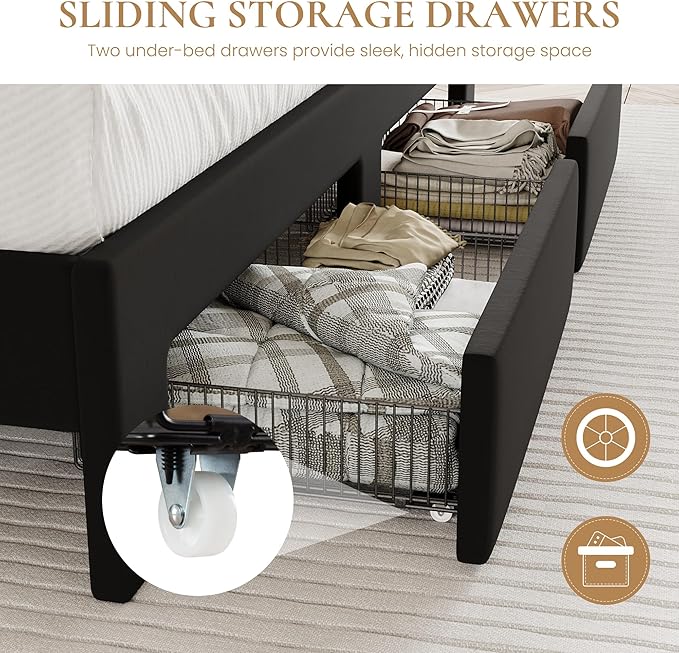 SHA CERLIN Velvet Full Size Bed Frame with Vertical Channel Tufted Wingback Headboard & 2 Storage Drawers/2-Tier Shelves with LED Lights & Charging Station/Noise-Free/No Box Spring Needed/Black