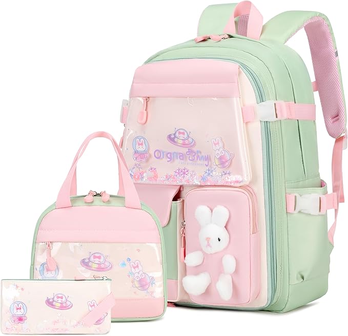 Girls Backpack Set, 3PCS School Backpack for Girls, Kawaii Bunny Kids Backpacks for Girl Kindergarten Elementary School Preschool Travel Daycare Bookbag with Lunch Box Pencil Box Green