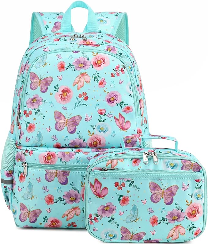 DSIUE Kids Backpack for Girls Elementary BookBags Teens Middle School Backpack with Lunch Box Butterfly Lake Blue