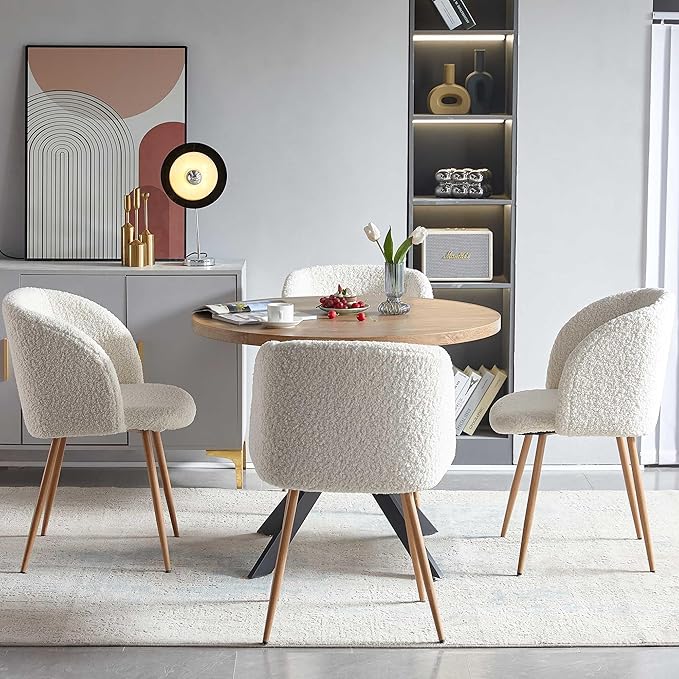 5 Pieces Dining Table Set for 4, 37-Inch Dia Round Home Kitchen Dinner Table with Thick Tabletop, 4 Seated Upholstered Arm Chairs, Faux Wood Round Table with Comfy Barrel Accent Chair