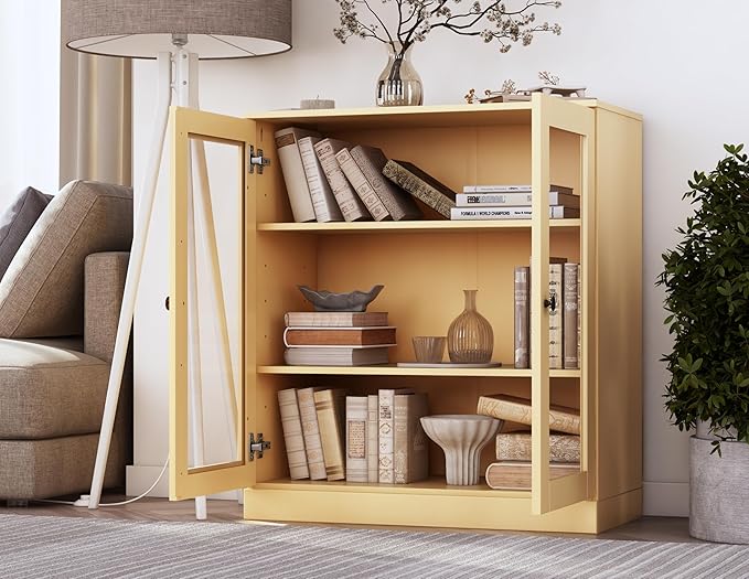 Palace Imports Solid Wood Bookcase - Floor Standing Bookshelf - 32” W - Display Furniture, Renewable 100% Eco-Friendly Wood, Made in Brazil (Yellow, Clear Glass Doors | 3-Shelf Short Bookcase)