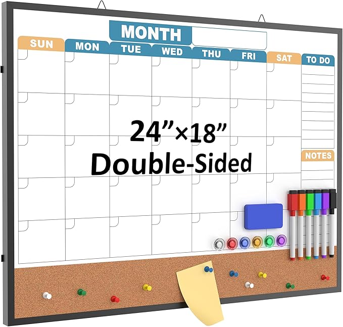 Monthly Calendar Dry Erase Board 24x18 Inch, Double-Sided Whiteboard and Corkboard Combo with Black Aluminum Frame (Color Calendar), Wall Mounted Planner with Marker, Magnet, Push Pin, Eraser