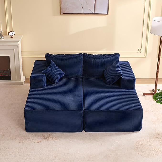 Chaise Lounge Chair, Boneless Couch for Living Room and Bedroom, Sleeper Couches Reading Chairs, Corduroy, Blue