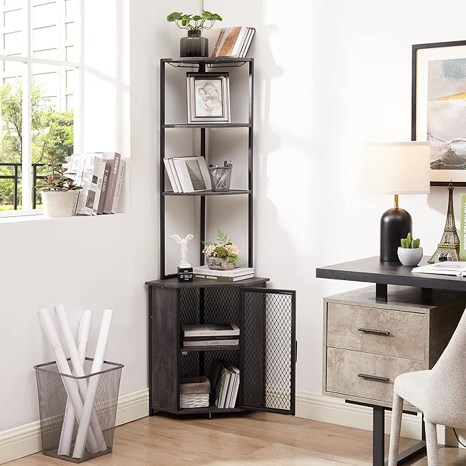 VECELO Corner Cabinet, Tall Storage Shelf, Bookshelf Display Shelves Rack for Living Room, Kitchen, Balcony, Small Space