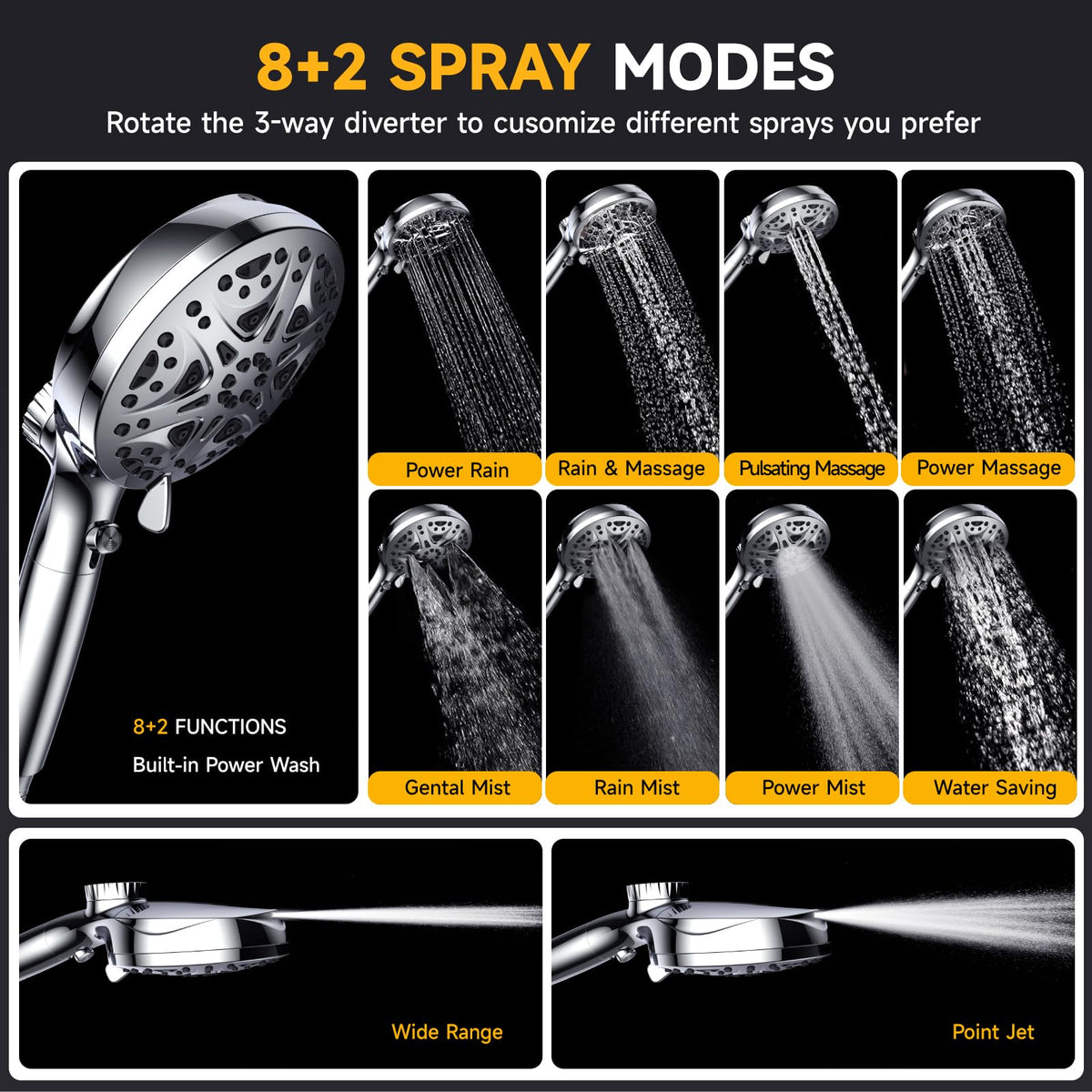 Dual Filtered Shower Head with Magnetic Handheld - 8'' Square Rain Shower Head High Pressure with Handheld Combo, 8+2-Spray Magnetic Detachable Showerhead with Power Jets, Chrome