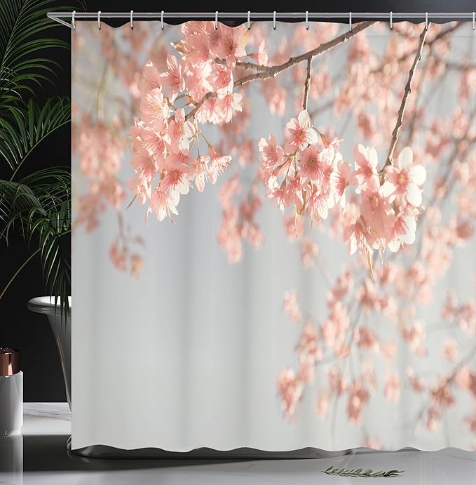 Ambesonne Peach Shower Curtain, Japanese Scenery Sakura Tree Cherry Blossom Nature Photography Coming of Spring, Cloth Fabric Bathroom Decor Set with Hooks, 69" W x 70" L, Bluegrey Coral