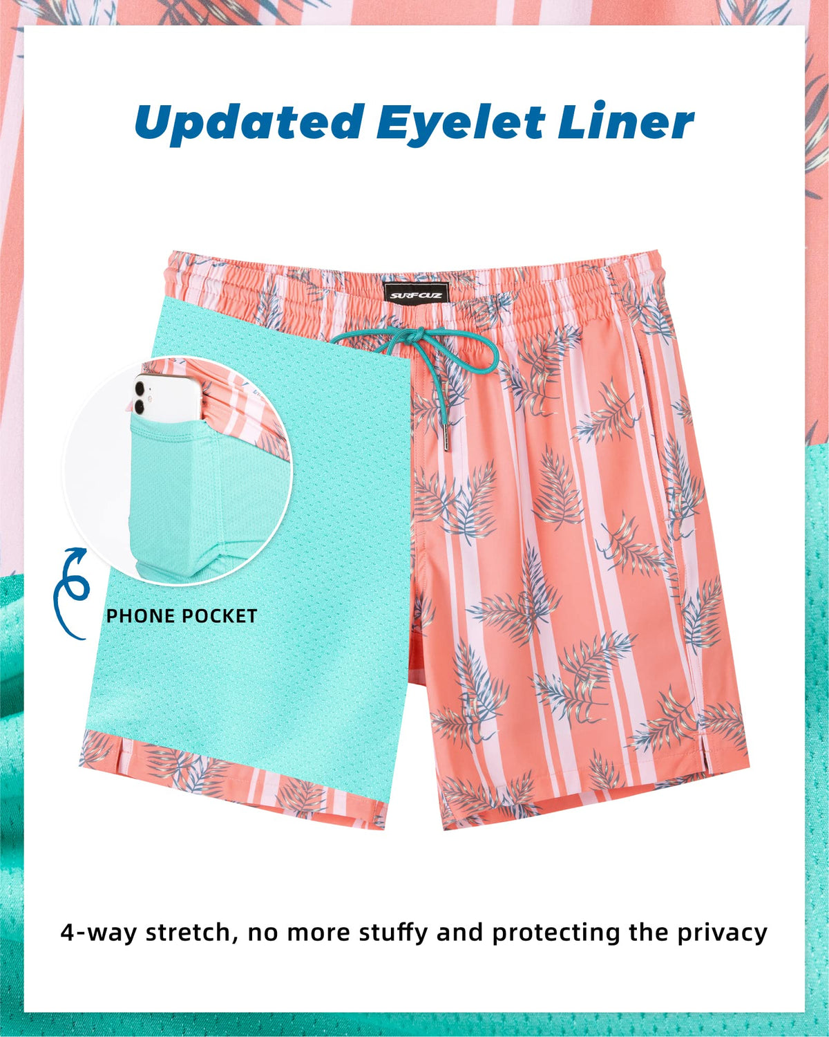 SURF CUZ Mens Swim Trunks with Compression Liner Quick Dry Swim Shorts 7" Swimming Trunks Stretch Zipper Pockets Orange Striped Leaves X-Large