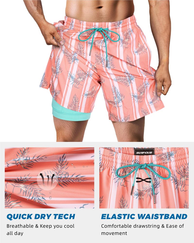SURF CUZ Mens Swim Trunks with Compression Liner Quick Dry Swim Shorts 7" Swimming Trunks Stretch Zipper Pockets Orange Striped Leaves Small
