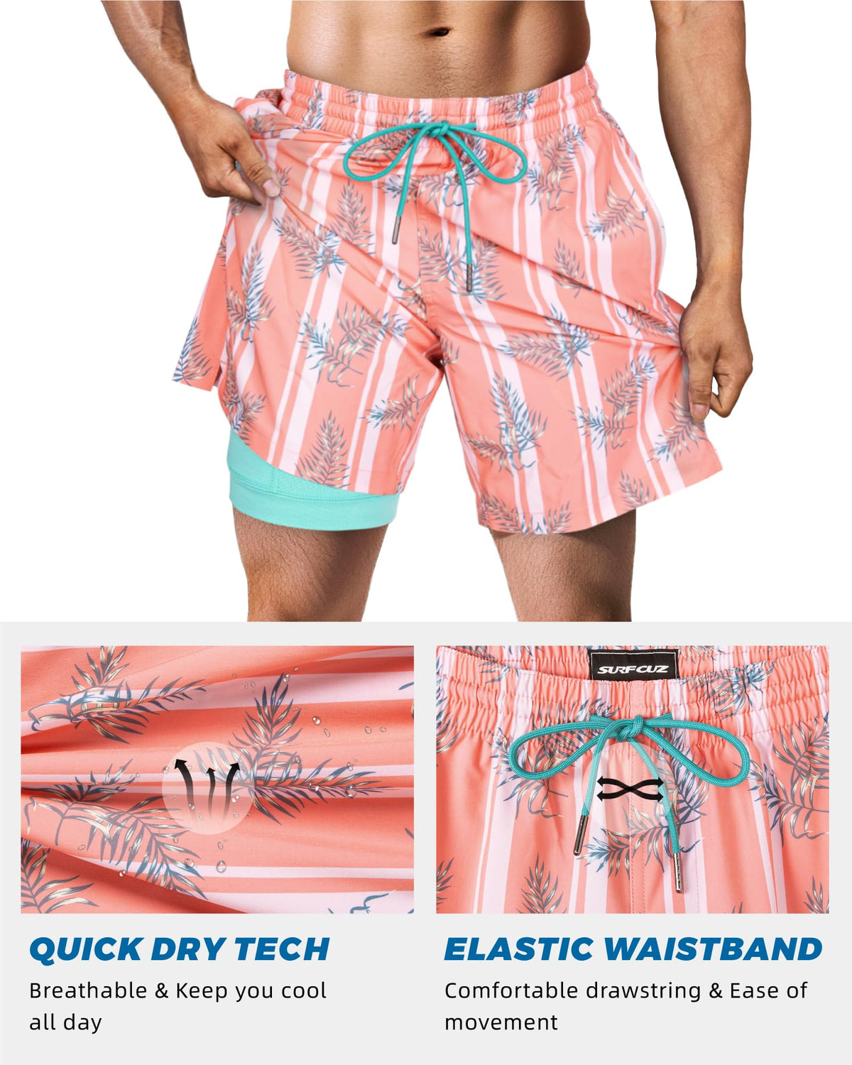 SURF CUZ Mens Swim Trunks with Compression Liner Quick Dry Swim Shorts 7" Swimming Trunks Stretch Zipper Pockets Orange Striped Leaves X-Large