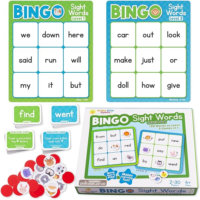Bright Seed Sight Words Bingo Game for Kindergarten, Learn to Read Sight Word Cards, Word Games for Kids Ages 4-8, Bingo Sight Words Level 1&2, Laminated for Easy Clean