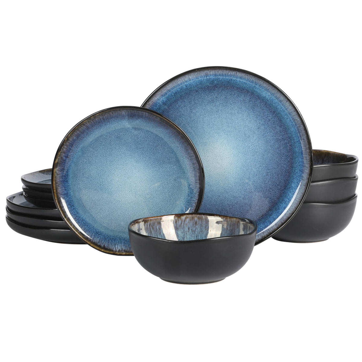 Gibson Elite Tahoe Sunset 12 Piece Stoneware Reactive Glaze (Service for 4) Ceramic Plates and Bowls Dinnerware Set - Black